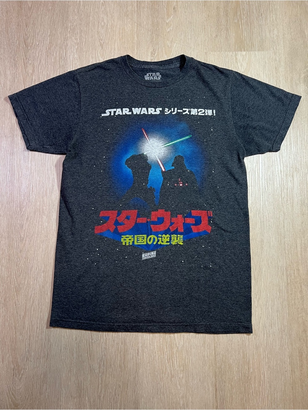 Star Wars Black Graphic Tee with Red and Blue Japanese Design